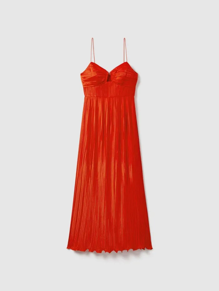 Women Reiss Brands Ruffle Hem Pleated Midi Dress Crimson Red