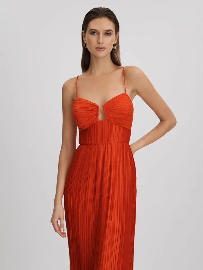 Women Reiss Brands Ruffle Hem Pleated Midi Dress Crimson Red