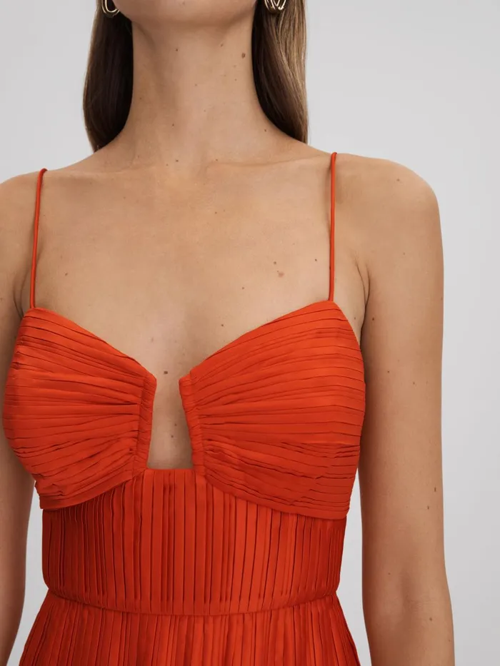 Women Reiss Brands Ruffle Hem Pleated Midi Dress Crimson Red