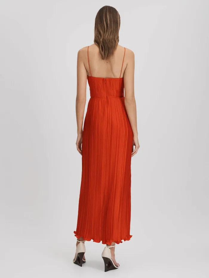 Women Reiss Brands Ruffle Hem Pleated Midi Dress Crimson Red