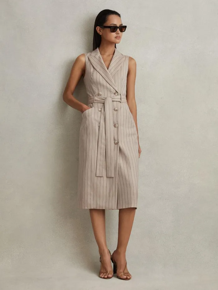Women Reiss Dresses Andie Wool Blend Striped Double Breasted Midi Dress Neutral