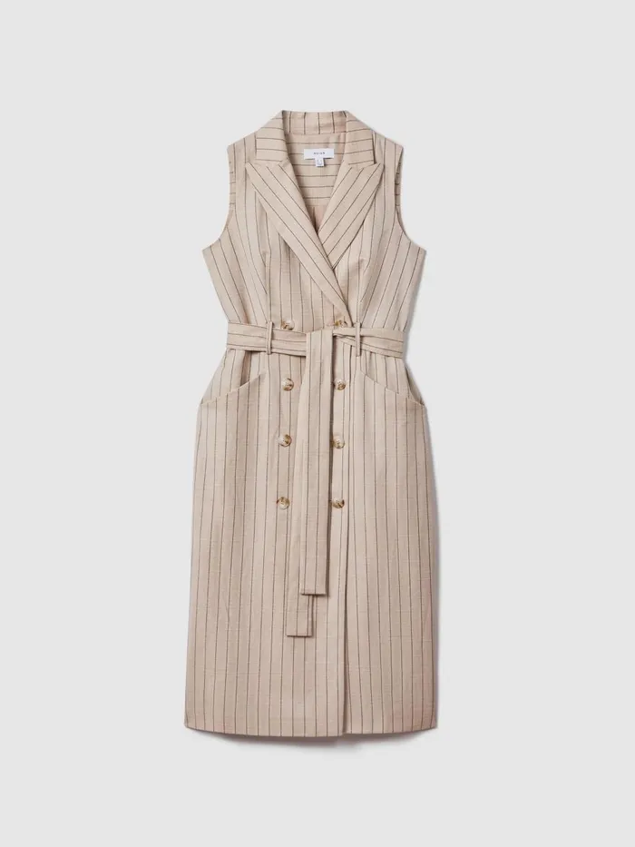 Women Reiss Dresses Andie Wool Blend Striped Double Breasted Midi Dress Neutral