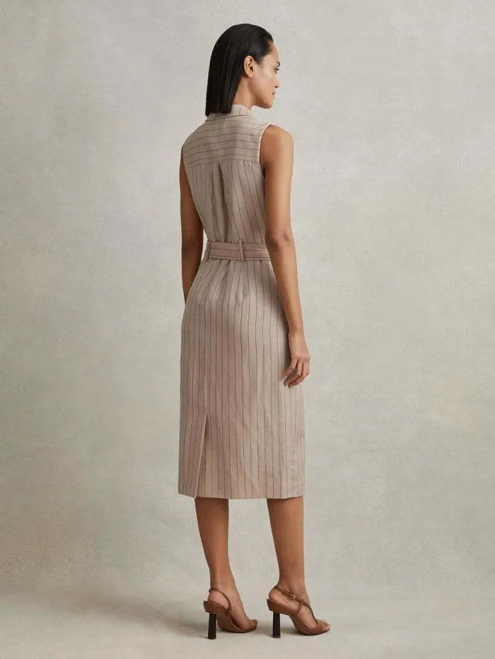 Women Reiss Dresses Andie Wool Blend Striped Double Breasted Midi Dress Neutral