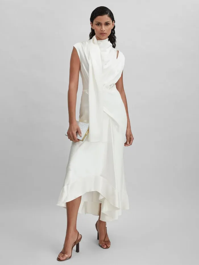 Women Reiss Dresses Drape Element Asymmetric Midi Dress Ivory