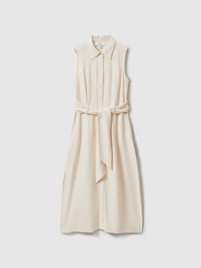 Women Reiss Dresses Morgan Viscose Blend Belted Shirt Dress Cream