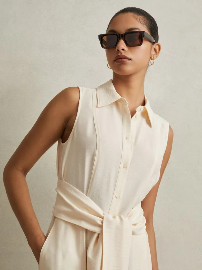 Women Reiss Dresses Morgan Viscose Blend Belted Shirt Dress Cream