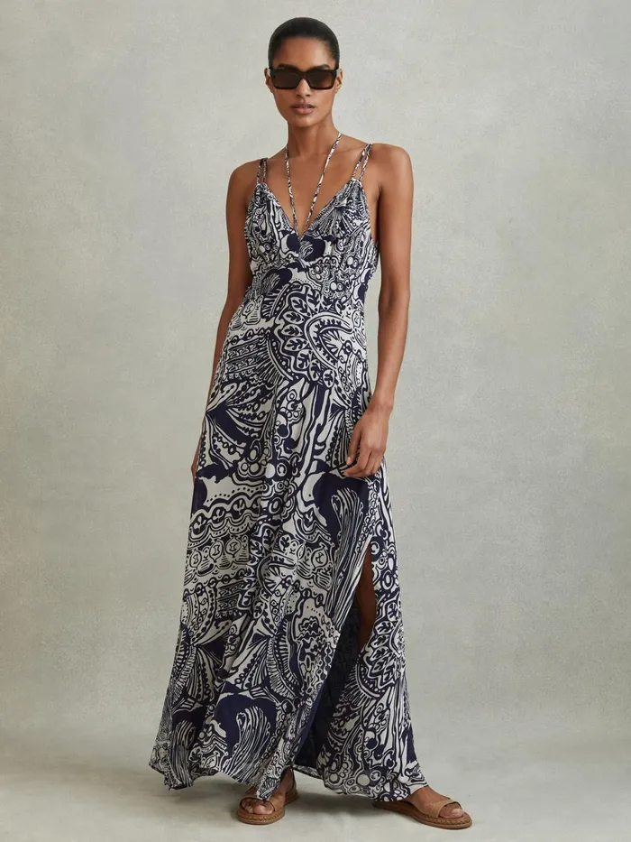 Women Reiss Dresses Quinn Printed Strappy Resort Midi Dress Navy