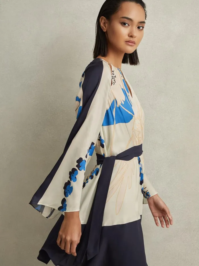 Women Reiss Dresses Sasha Printed Side Tie Mini Dress Navyblue