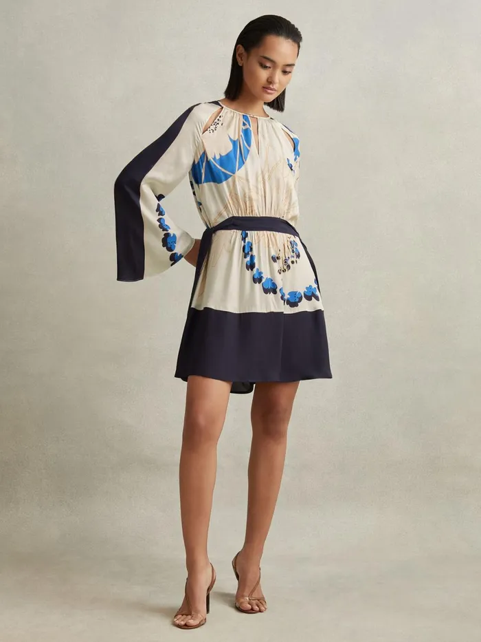 Women Reiss Dresses Sasha Printed Side Tie Mini Dress Navyblue