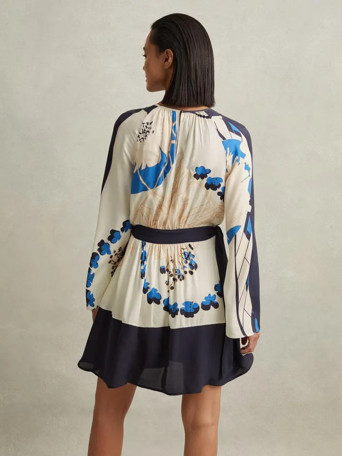 Women Reiss Dresses Sasha Printed Side Tie Mini Dress Navyblue