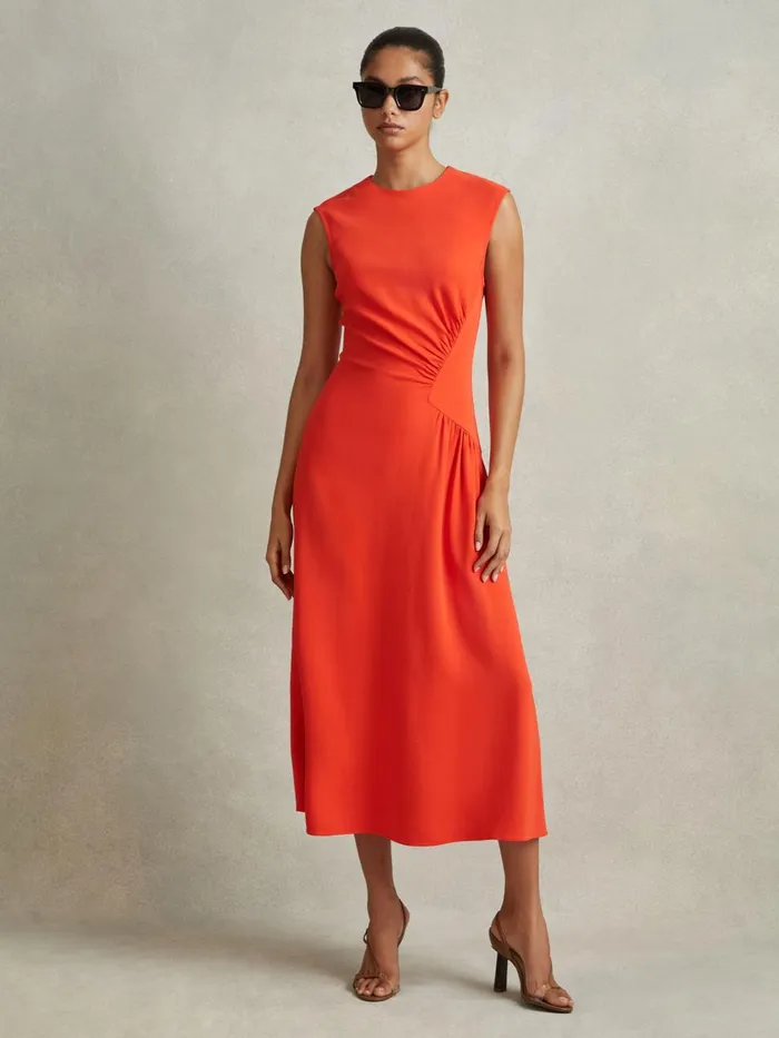 Women Reiss Dresses Stacey Ruched Midi Dress Orange