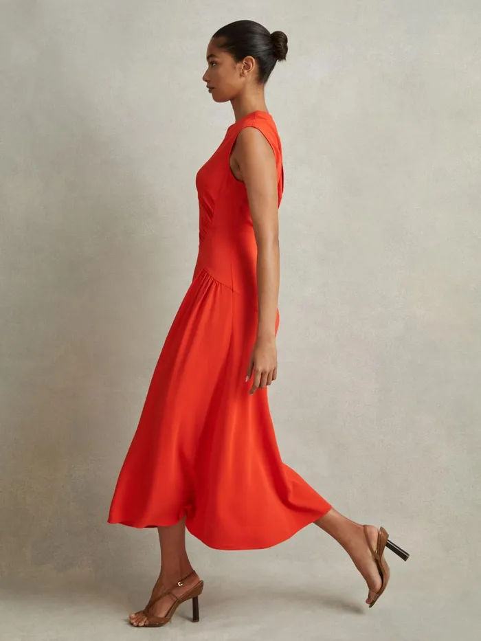 Women Reiss Dresses Stacey Ruched Midi Dress Orange