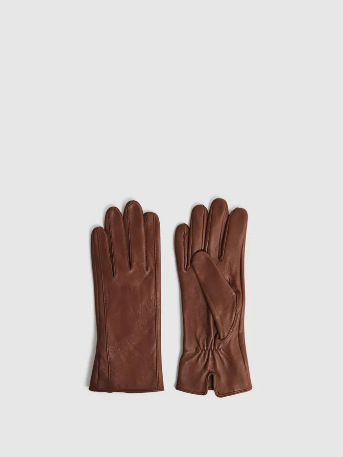 Women Reiss Hats Gloves and Scarves Giselle Leather Ruched Gloves Tan