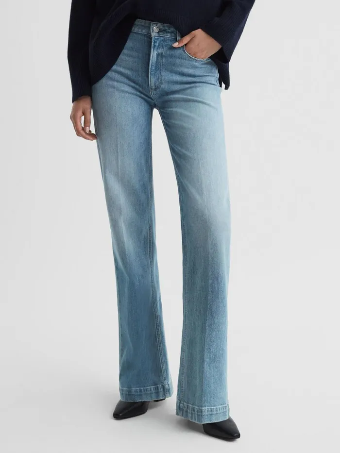 Women Reiss Jeans High Rise Distressed Flared Jeans Nightingale Blue