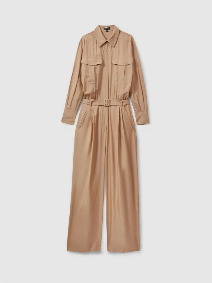Women Reiss Jumpsuits and Playsuits Belted Wide Leg Jumpsuit Camel