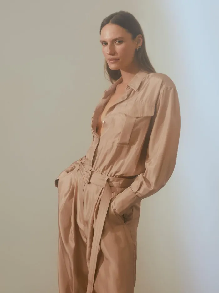 Women Reiss Jumpsuits and Playsuits Belted Wide Leg Jumpsuit Camel