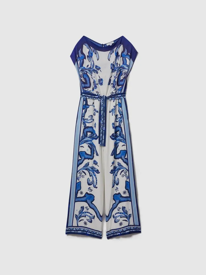 Women Reiss Jumpsuits and Playsuits Diana Tile Print OffTheShoulder Jumpsuit Blue