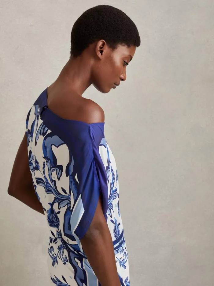 Women Reiss Jumpsuits and Playsuits Diana Tile Print OffTheShoulder Jumpsuit Blue