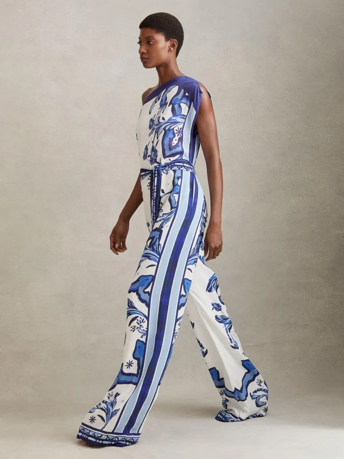 Women Reiss Jumpsuits and Playsuits Diana Tile Print OffTheShoulder Jumpsuit Blue