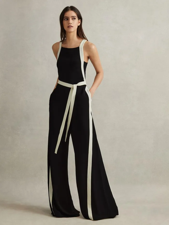 Women Reiss Jumpsuits and Playsuits Salma Contrast Trim Belted Jumpsuit Blackwhite