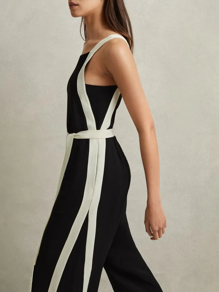 Women Reiss Jumpsuits and Playsuits Salma Contrast Trim Belted Jumpsuit Blackwhite