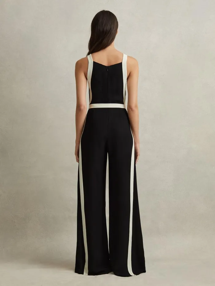 Women Reiss Jumpsuits and Playsuits Salma Contrast Trim Belted Jumpsuit Blackwhite