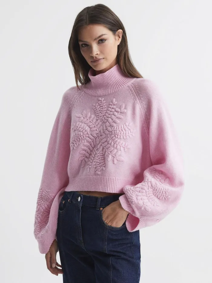 Women Reiss Knitwear Embroidered Wool Funnel Neck Jumper Dahlia Pink Marle