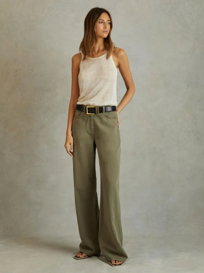 Women Reiss Pants Colorado Garment Dyed Wide Leg Trousers Khaki