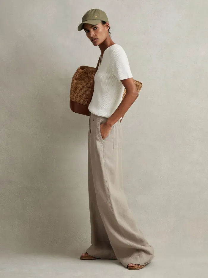 Women Reiss Pants Demi Linen Wide Leg Garment Dyed Trousers Light Khaki