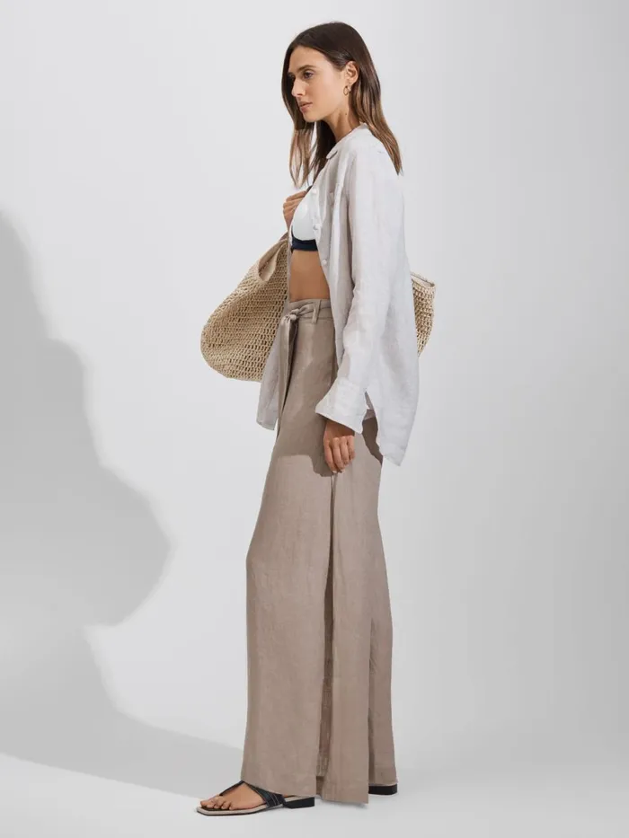 Women Reiss Pants Harry Linen Side Split Trousers Taupe
