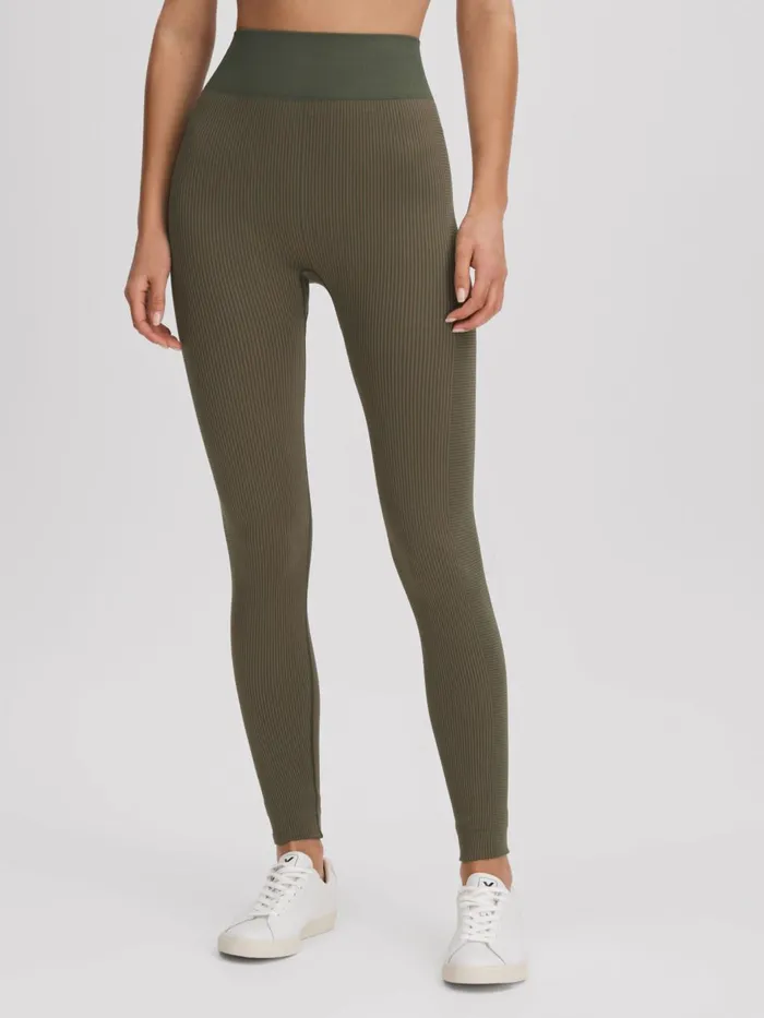 Women Reiss Pants Upside Striped High Rise Leggings Khaki