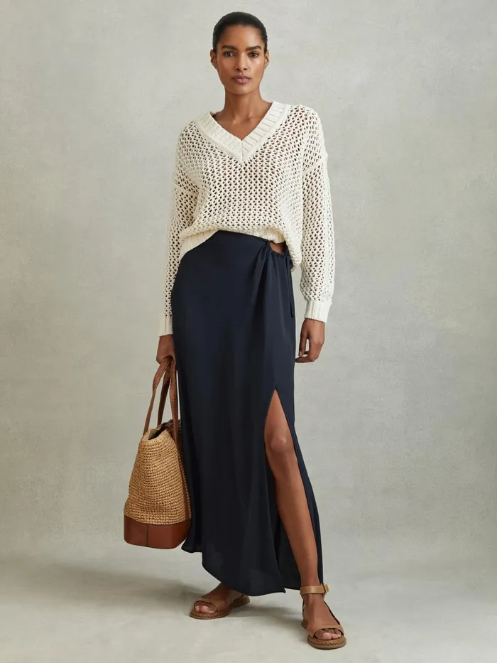 Women Reiss Skirts Esme Gathered Side Midi Skirt Navy