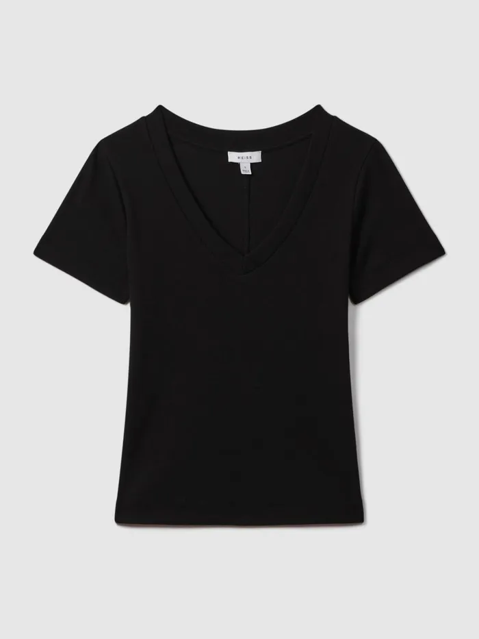 Women Reiss Tops Becca Cotton Blend Ribbed VNeck Top Black