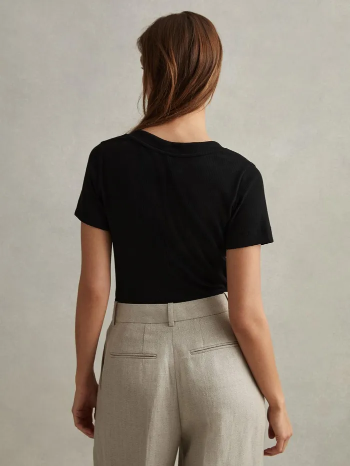 Women Reiss Tops Becca Cotton Blend Ribbed VNeck Top Black
