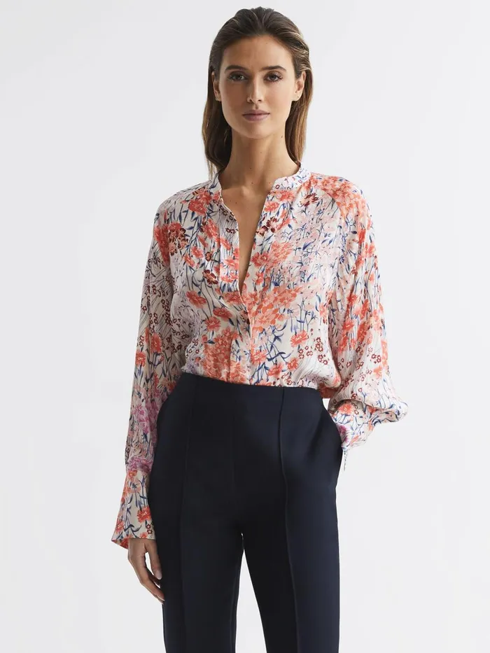 Women Reiss Tops Hallie Meadow Print Split Cuff Shirt Coralwhite