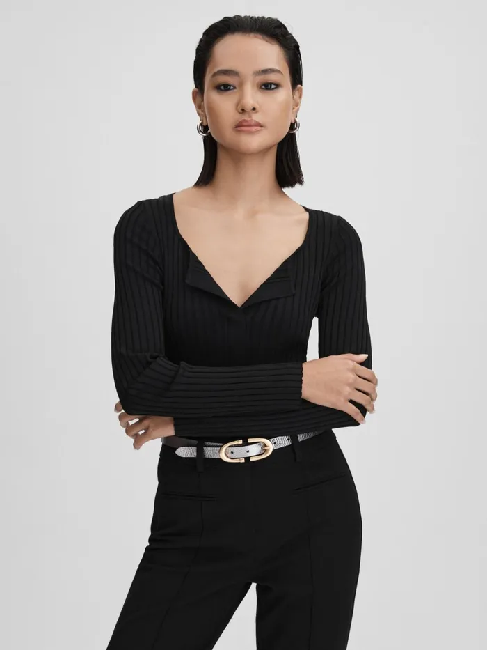 Women Reiss Tops Monica Ribbed Open Collar Top Black