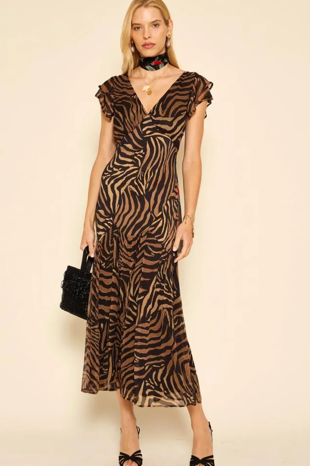 Women RIXO All Clothing Cinzia Silk Maxi Dress Tiger Patchwork Black