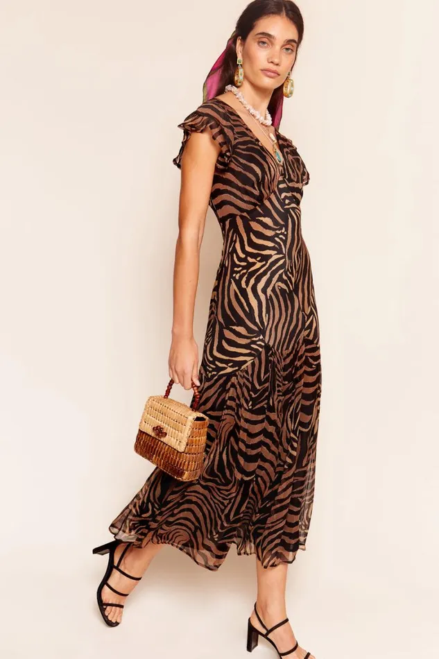 Women RIXO All Clothing Cinzia Silk Maxi Dress Tiger Patchwork Black