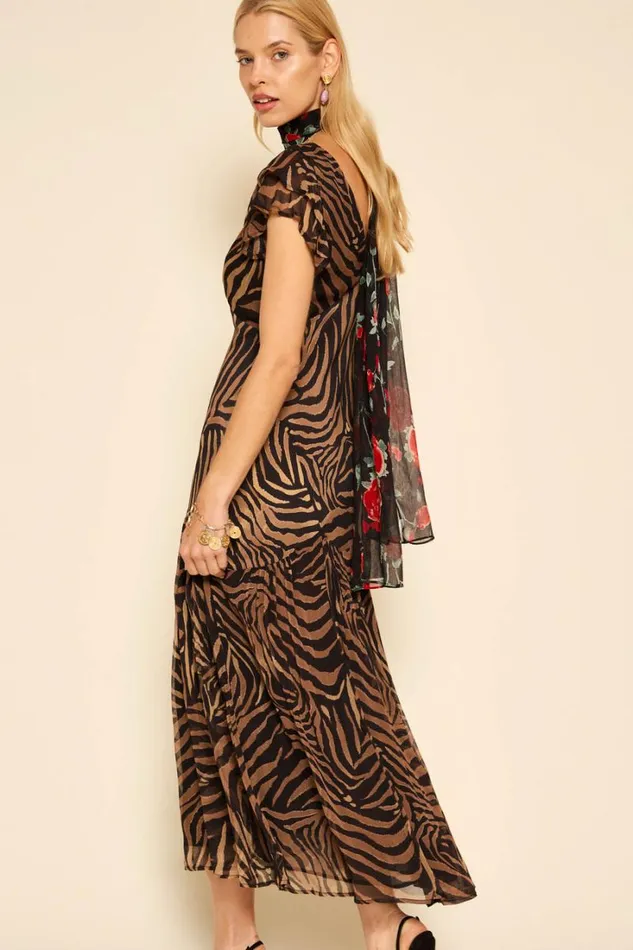 Women RIXO All Clothing Cinzia Silk Maxi Dress Tiger Patchwork Black