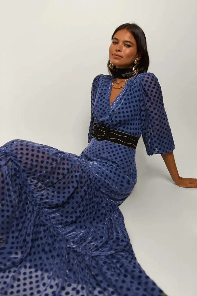 Women RIXO Last Chance Elsie Midi Dress Steel Blue Burnout Spot