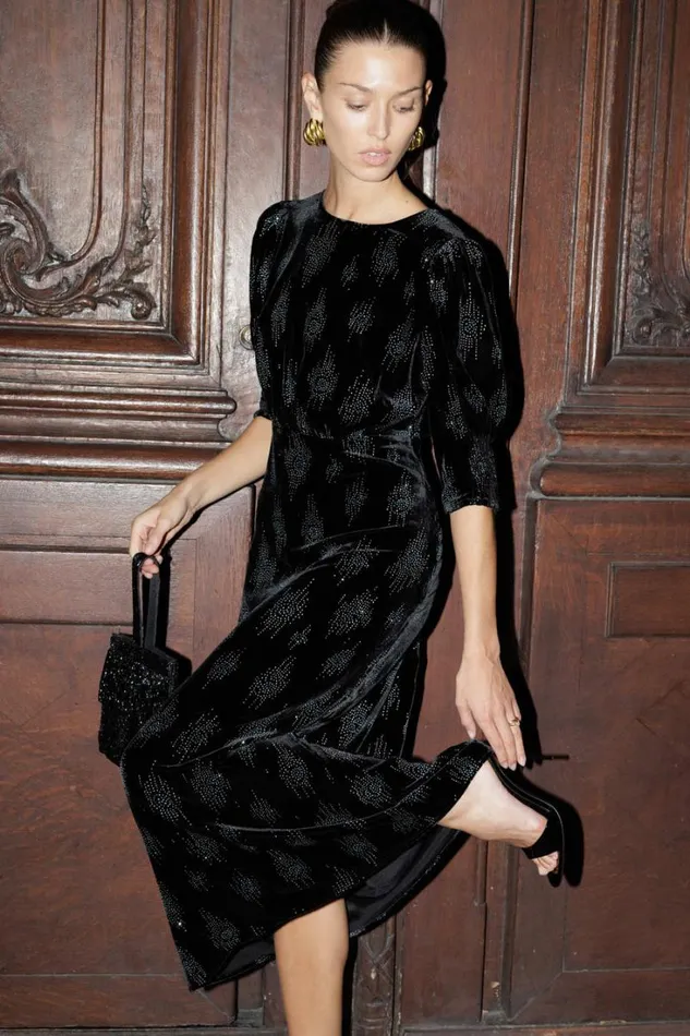 Women RIXO Last Chance Lucile Velvet Midi Dress Droplet Glitter Black