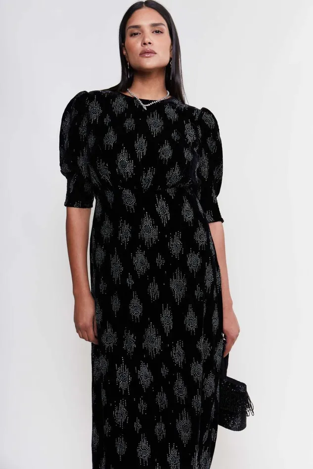 Women RIXO Last Chance Lucile Velvet Midi Dress Droplet Glitter Black