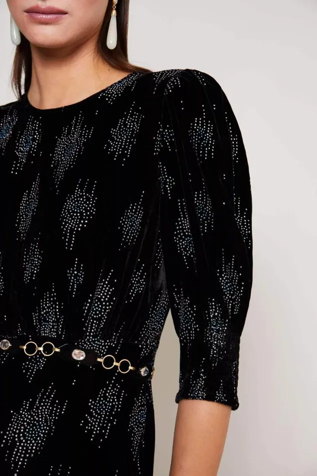 Women RIXO Last Chance Lucile Velvet Midi Dress Droplet Glitter Black