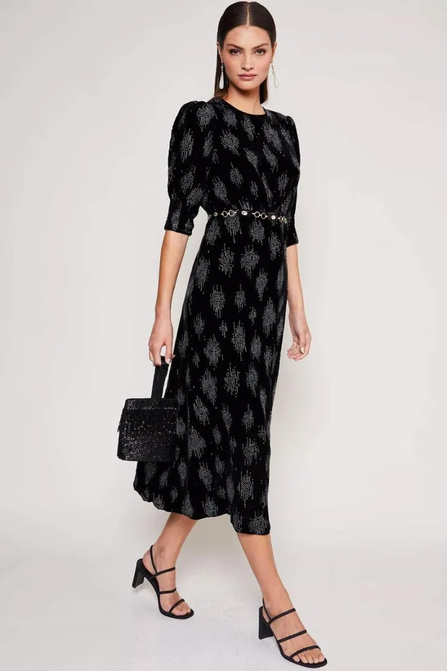 Women RIXO Last Chance Lucile Velvet Midi Dress Droplet Glitter Black