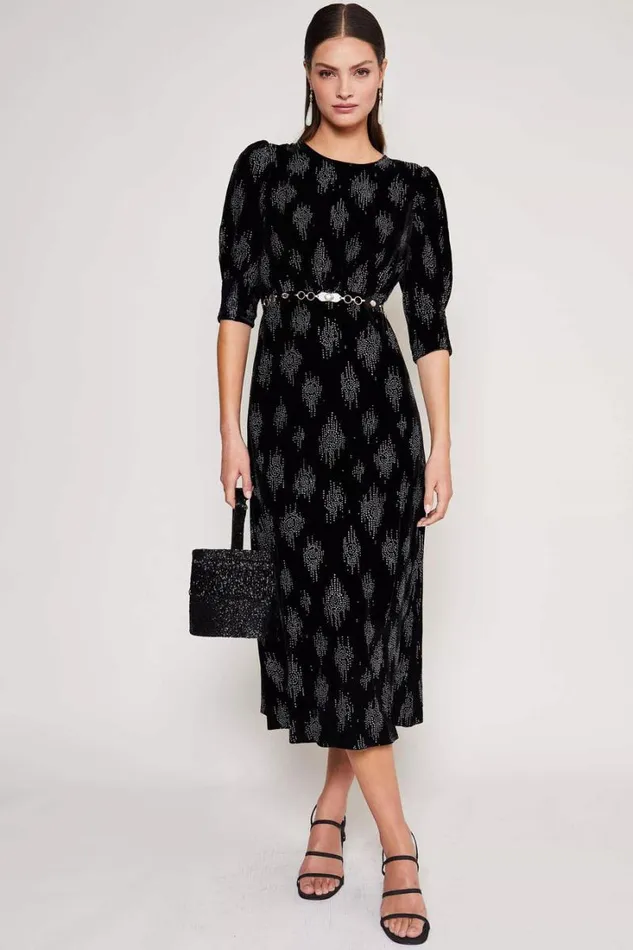 Women RIXO Last Chance Lucile Velvet Midi Dress Droplet Glitter Black