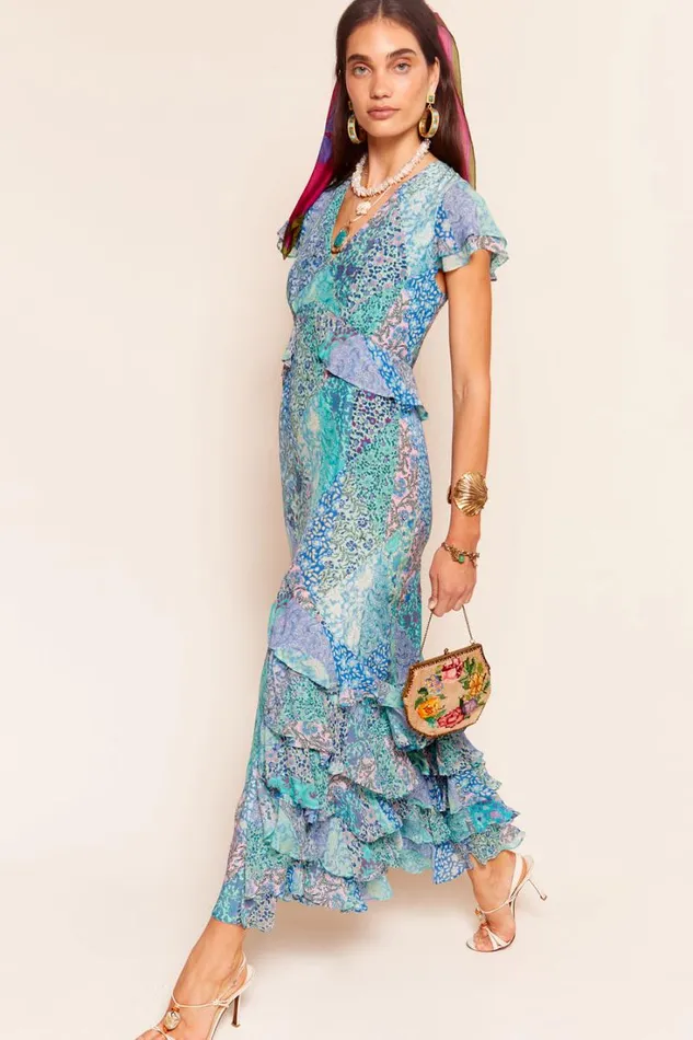 Women RIXO Last Chance Thanvi Silk Midi Dress Patchwork Blue