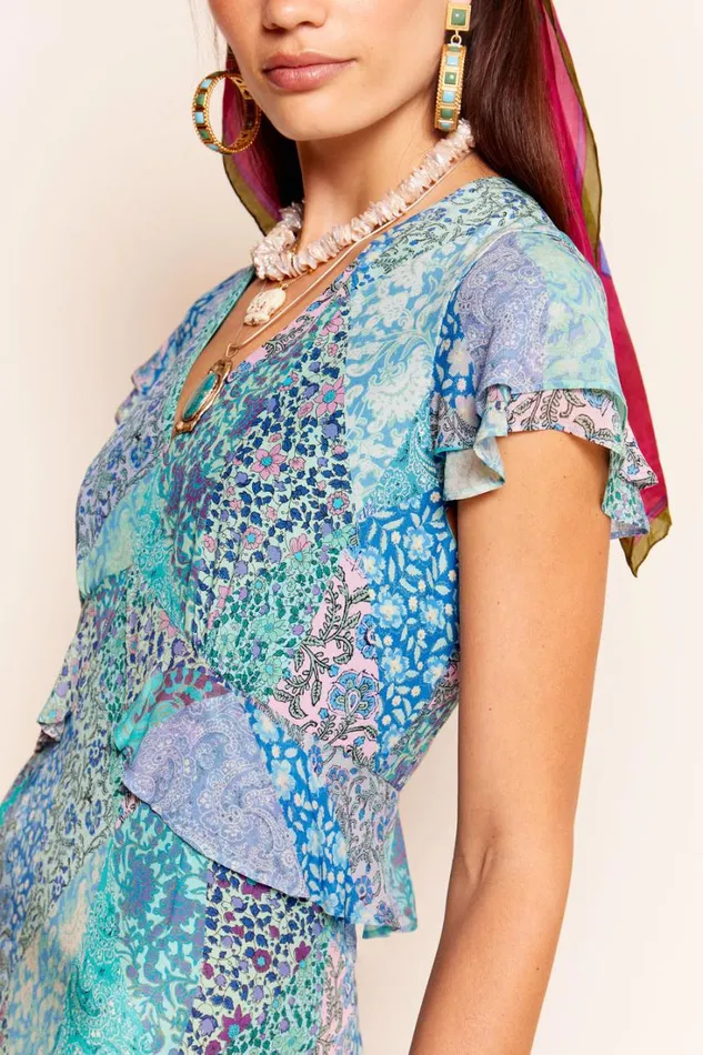 Women RIXO Last Chance Thanvi Silk Midi Dress Patchwork Blue
