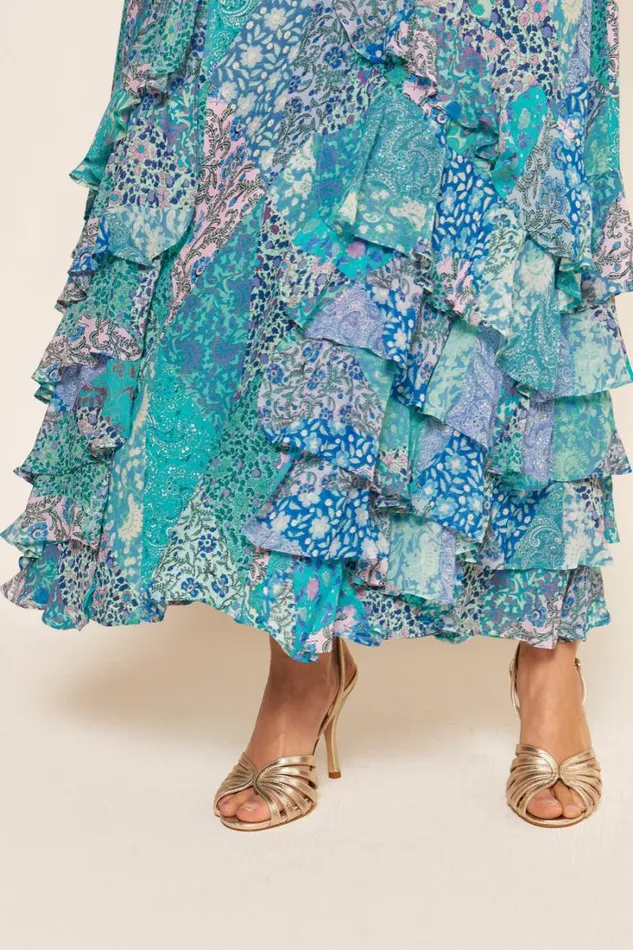 Women RIXO Last Chance Thanvi Silk Midi Dress Patchwork Blue