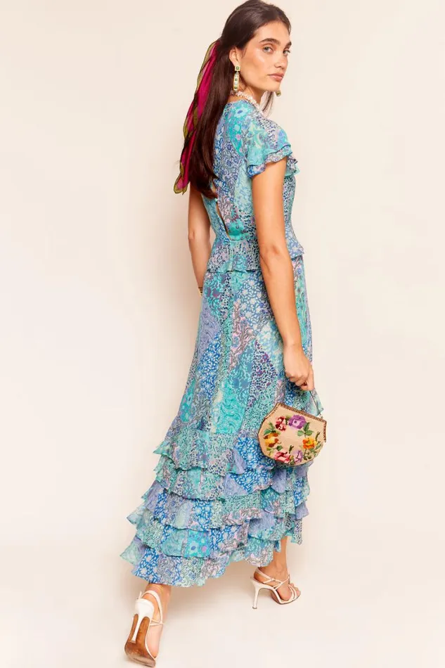 Women RIXO Last Chance Thanvi Silk Midi Dress Patchwork Blue