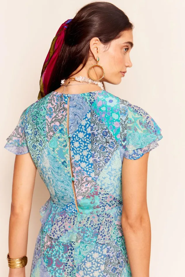 Women RIXO Last Chance Thanvi Silk Midi Dress Patchwork Blue